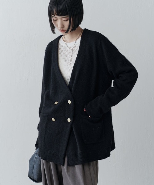 Lui's(ルイス)の「ノーカラーヤクニットダブルジャケット(ニット/セーター・レディース・オフホワイト/ブラック/キャメル・FREE)」の4枚目の写真