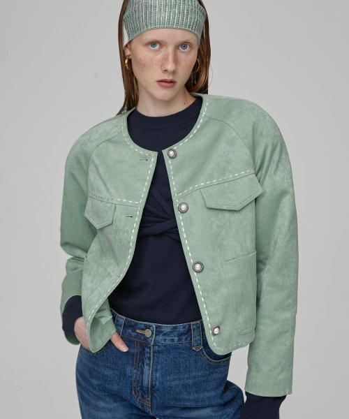LINE STITCH CROP JACKET - GREEN