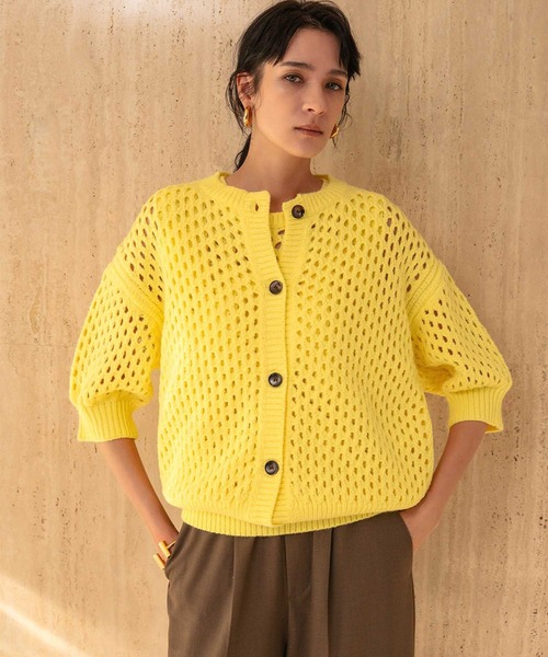 ELFRANK(エルフランク)の「透かし編み メッシュニット カーディガン ノースリーブトップス アンサンブル 2点セット《着用動画あり》(ニット/セーター・レディース・イエロー/グリーン/オフホワイト・FREE)」の8枚目の写真
