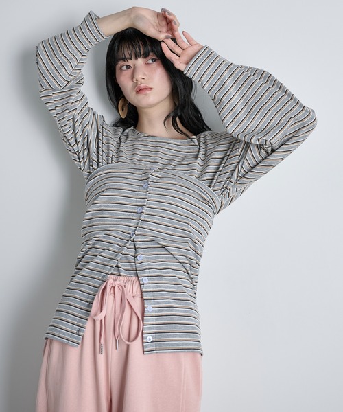 ビスチェレイヤードフォルムスリーブボーダーロンT（Tシャツ