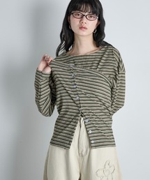 トップス（グリーン・カーキ/緑色系・ボーダー柄）ファッション通販