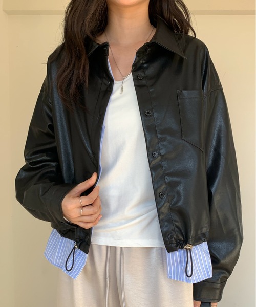 ROOPTOKYO(ループトウキョウ)の「シャツドッキング風フェイクレザーブルゾン 冬服(ブルゾン・レディース・アイボリー/ブラック・FREE)」の2枚目の写真