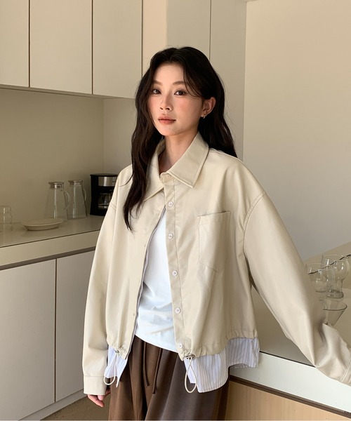 ROOPTOKYO(ループトウキョウ)の「シャツドッキング風フェイクレザーブルゾン 冬服(ブルゾン・レディース・アイボリー/ブラック・FREE)」の11枚目の写真