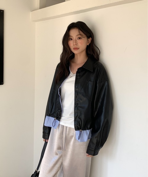 ROOPTOKYO(ループトウキョウ)の「シャツドッキング風フェイクレザーブルゾン 冬服(ブルゾン・レディース・アイボリー/ブラック・FREE)」の4枚目の写真