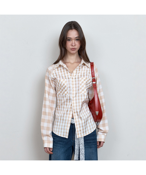 CURETTY(キュリティ)の「C COLOR BLOCK CHECK OVERSIZED SHIRT_BEIGE(シャツ/ブラウス・レディース・Beige・SMALL)」の1枚目の写真