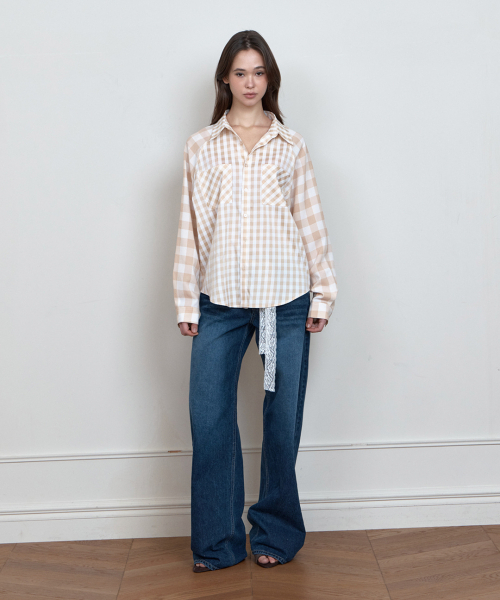 CURETTY(キュリティ)の「C COLOR BLOCK CHECK OVERSIZED SHIRT_BEIGE(シャツ/ブラウス・レディース・Beige・SMALL)」の2枚目の写真