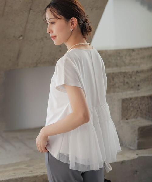 組曲 L(クミキョク オオキイサイズ)の「GIZAコットンチュールコンビ カットソー(Tシャツ/カットソー・レディース・ネイビー系2/アイボリー系/ネイビー系・5/7/6)」の2枚目の写真