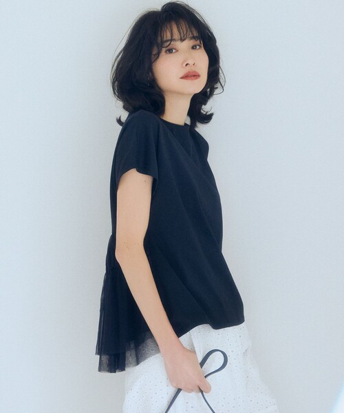 組曲 L(クミキョク オオキイサイズ)の「GIZAコットンチュールコンビ カットソー(Tシャツ/カットソー・レディース・ネイビー系2/アイボリー系/ネイビー系・5/7/6)」の3枚目の写真