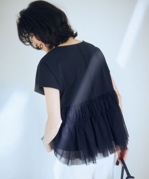 組曲 L(クミキョク オオキイサイズ)の「GIZAコットンチュールコンビ カットソー(Tシャツ/カットソー・レディース・ネイビー系2/アイボリー系/ネイビー系・5/7/6)」の4枚目の写真