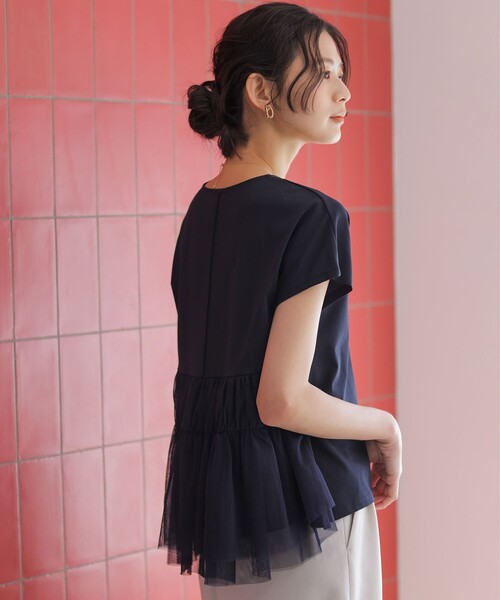 組曲 L(クミキョク オオキイサイズ)の「GIZAコットンチュールコンビ カットソー(Tシャツ/カットソー・レディース・ネイビー系2/アイボリー系/ネイビー系・5/7/6)」の8枚目の写真