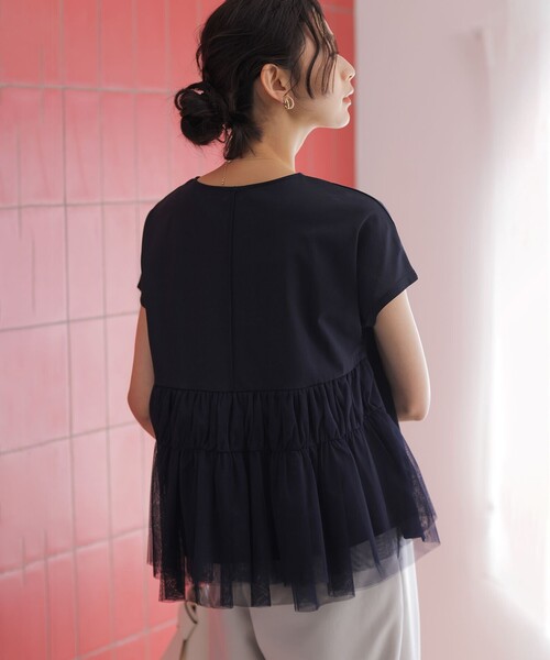 組曲 L(クミキョク オオキイサイズ)の「GIZAコットンチュールコンビ カットソー(Tシャツ/カットソー・レディース・ネイビー系2/アイボリー系/ネイビー系・5/7/6)」の9枚目の写真