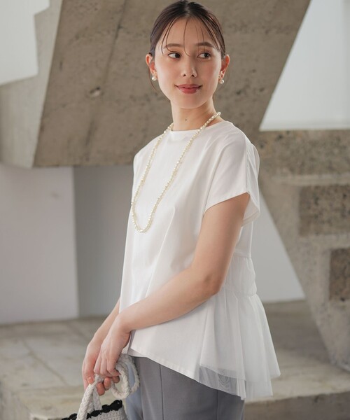 組曲 L(クミキョク オオキイサイズ)の「GIZAコットンチュールコンビ カットソー(Tシャツ/カットソー・レディース・ネイビー系2/アイボリー系/ネイビー系・5/7/6)」の13枚目の写真