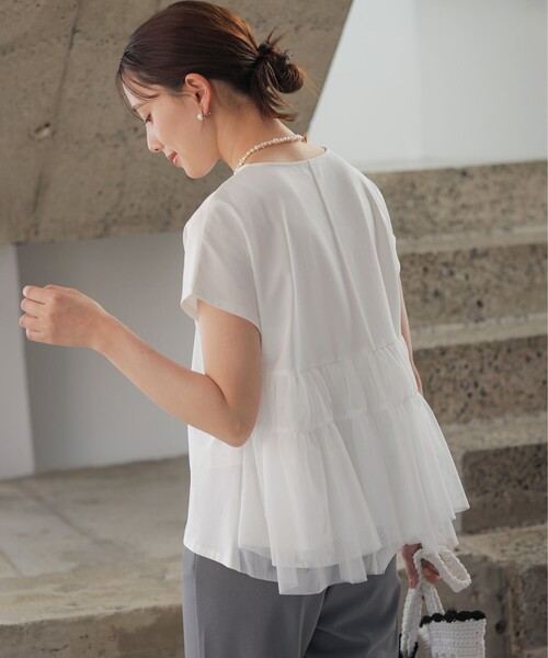組曲 L(クミキョク オオキイサイズ)の「GIZAコットンチュールコンビ カットソー(Tシャツ/カットソー・レディース・ネイビー系2/アイボリー系/ネイビー系・5/7/6)」の14枚目の写真