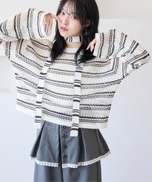 kutir（クティール）の「【チョーカー付き】2way透かし編みボーダーカーディガン（カーディガン/ボレロ）」