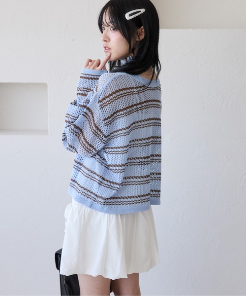 kutir(クティール)の「【チョーカー付き】2way透かし編みボーダーカーディガン(カーディガン/ボレロ・レディース・アイボリー/ライトブルー/レッド・FREE)」の16枚目の写真