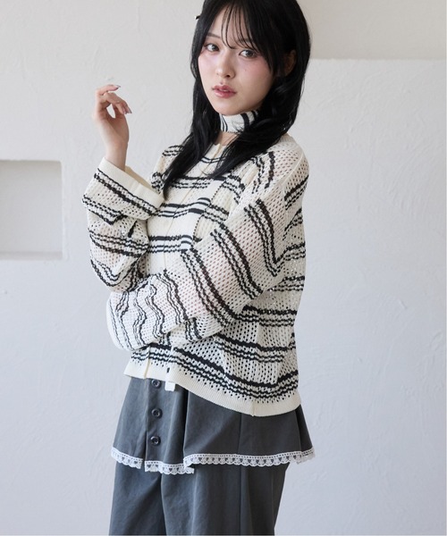 kutir(クティール)の「【チョーカー付き】2way透かし編みボーダーカーディガン(カーディガン/ボレロ・レディース・アイボリー/ライトブルー/レッド・FREE)」の5枚目の写真