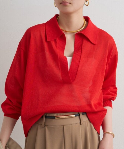 LOUNGEDRESS（ラウンジドレス）の「スキッパーポロニット（ニット/セーター・レディース・レッド/ベージュ/ブラック・FREE）」の3枚目の写真