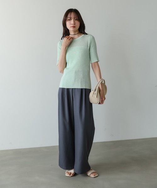 Bab(バブ)の「【着やせ見え◎】シアー切替サマーリブニットトップス(Tシャツ/カットソー・レディース・ライトベージュ/グリーン/アイボリー・FREE)」の22枚目の写真