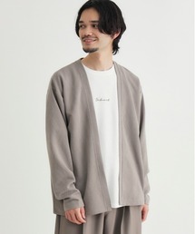 【PLUS ONE】ジャガード長袖カーディガンロゴプリントTシャツセット (2点セット / アンサンブル / トッパー / 羽織 / ボタンレス / レイヤード / 大人カジュアル / ルームウェア)