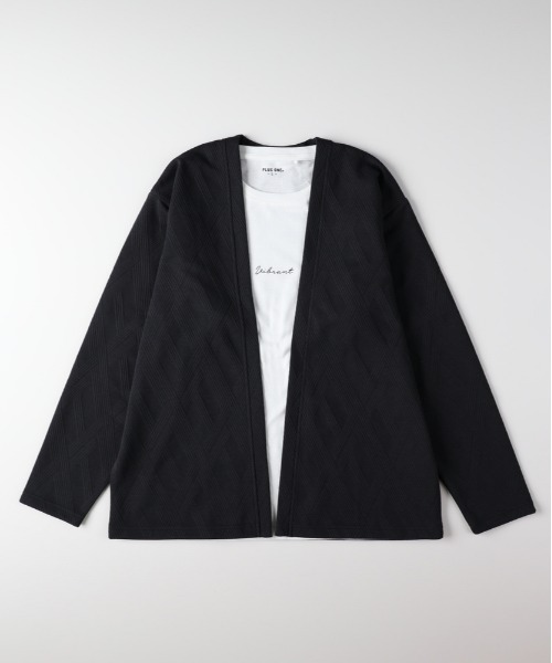 Right-on(ライトオン)の「PLUS ONE(プラスワン)ジャガード長袖カーディガンロゴプリントTシャツセット(カーディガン/ボレロ・メンズ・ベージュ/ダークグレー/サックスブルー・S/L/XL/M)」の2枚目の写真