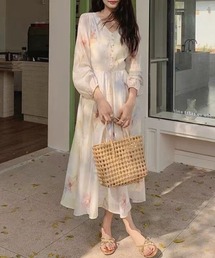 長袖 花柄 ロングワンピース