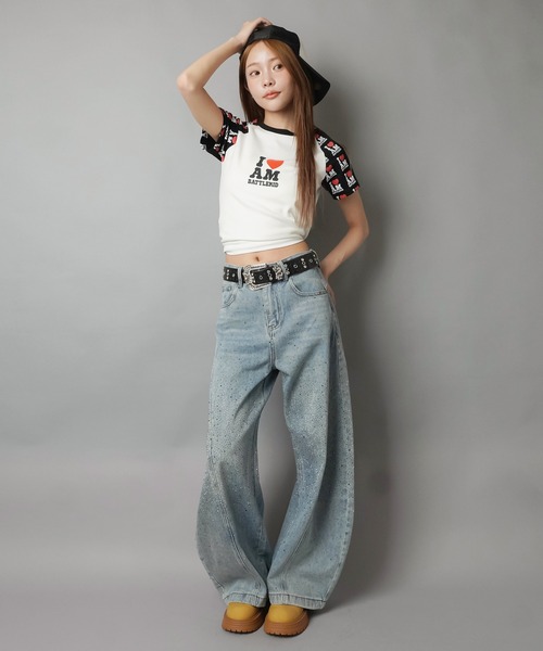 SPINNS(スピンズ)の「ラインストーンデニムバルーンパンツ/2サイズ展開/バディガール(デニムパンツ・レディース・サックスブルー/ブラック・M/S)」の4枚目の写真