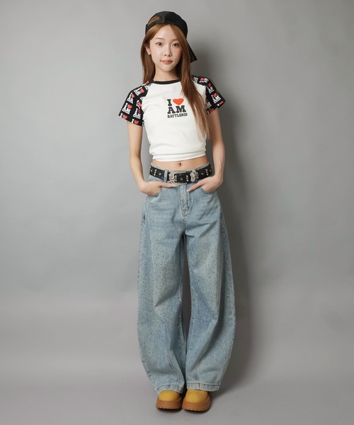 SPINNS(スピンズ)の「ラインストーンデニムバルーンパンツ/2サイズ展開/バディガール(デニムパンツ・レディース・サックスブルー/ブラック・M/S)」の5枚目の写真