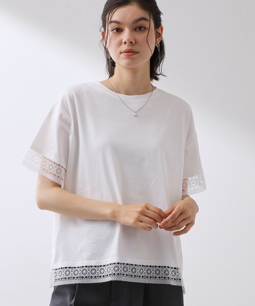 THE SHOP TK (ザ ショップ ティーケー )の「【インせず着られる】モチーフレース切替Tシャツ(Tシャツ/カットソー・レディース・オフホワイト/ブラック/グリーン・13/12)」の2枚目の写真