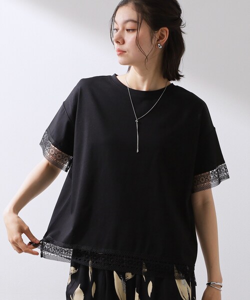 THE SHOP TK (ザ ショップ ティーケー )の「【インせず着られる】モチーフレース切替Tシャツ(Tシャツ/カットソー・レディース・オフホワイト/ブラック/グリーン・13/12)」の3枚目の写真