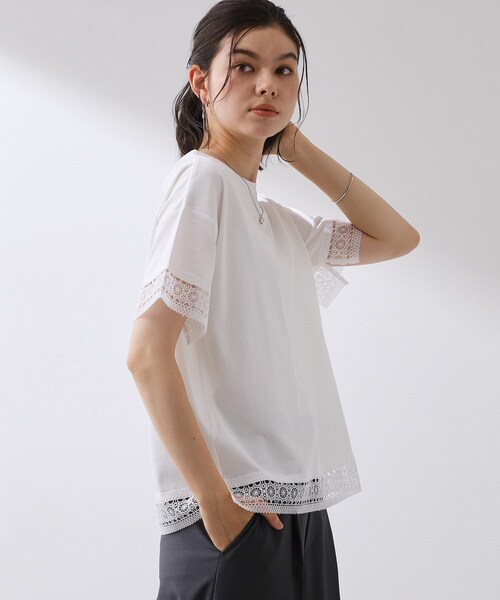 THE SHOP TK (ザ ショップ ティーケー )の「【インせず着られる】モチーフレース切替Tシャツ(Tシャツ/カットソー・レディース・オフホワイト/ブラック/グリーン・13/12)」の5枚目の写真