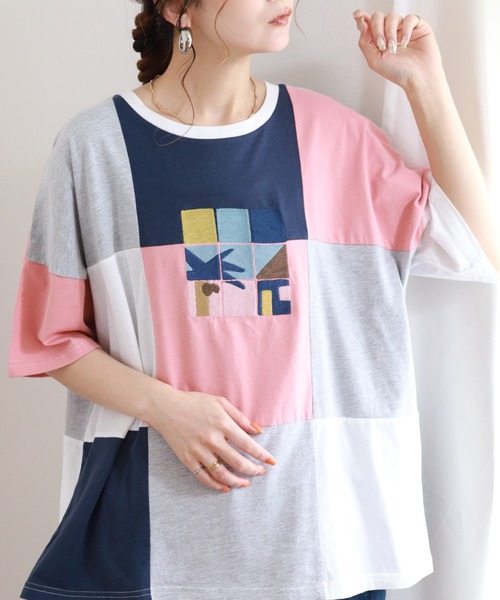 Emago（イマゴ）の「EMAGO タイル刺繍T 半端袖（Tシャツ/カットソー・レディース・ホワイト/ブラック・FREE）」の3枚目の写真