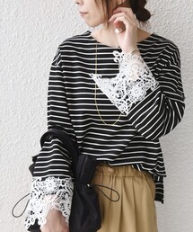 【WEB限定】〈手洗い可能〉ボーダー ポンチ レースカフス トップス◇