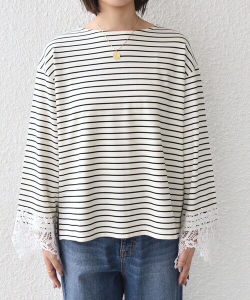 SHIPS Colors(シップス カラーズ)の「【WEB限定】〈手洗い可能〉ボーダー ポンチ レースカフス トップス◇(Tシャツ/カットソー・レディース・オフホワイト/ブラック・ONE SIZE)」の16枚目の写真