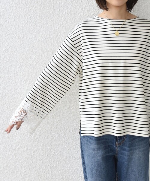 SHIPS Colors(シップス カラーズ)の「【WEB限定】〈手洗い可能〉ボーダー ポンチ レースカフス トップス◇(Tシャツ/カットソー・レディース・オフホワイト/ブラック・ONE SIZE)」の19枚目の写真