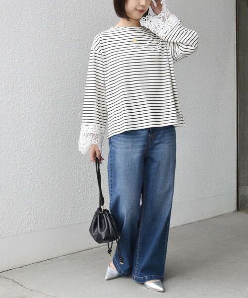 SHIPS Colors(シップス カラーズ)の「【WEB限定】〈手洗い可能〉ボーダー ポンチ レースカフス トップス◇(Tシャツ/カットソー・レディース・オフホワイト/ブラック・ONE SIZE)」の20枚目の写真