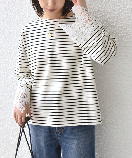 SHIPS Colors(シップス カラーズ)の「【WEB限定】〈手洗い可能〉ボーダー ポンチ レースカフス トップス◇(Tシャツ/カットソー・レディース・オフホワイト/ブラック・ONE SIZE)」の22枚目の写真