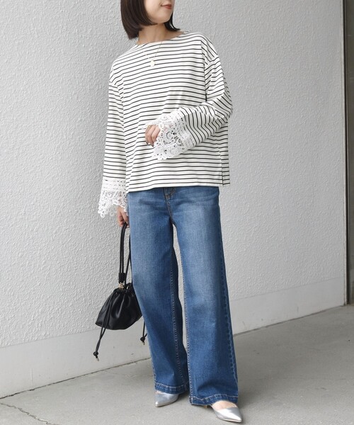SHIPS Colors(シップス カラーズ)の「【WEB限定】〈手洗い可能〉ボーダー ポンチ レースカフス トップス◇(Tシャツ/カットソー・レディース・オフホワイト/ブラック・ONE SIZE)」の3枚目の写真