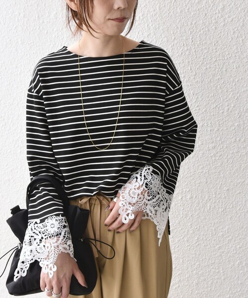 SHIPS Colors(シップス カラーズ)の「【WEB限定】〈手洗い可能〉ボーダー ポンチ レースカフス トップス◇(Tシャツ/カットソー・レディース・オフホワイト/ブラック・ONE SIZE)」の5枚目の写真