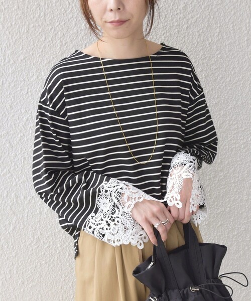 SHIPS Colors(シップス カラーズ)の「【WEB限定】〈手洗い可能〉ボーダー ポンチ レースカフス トップス◇(Tシャツ/カットソー・レディース・オフホワイト/ブラック・ONE SIZE)」の6枚目の写真