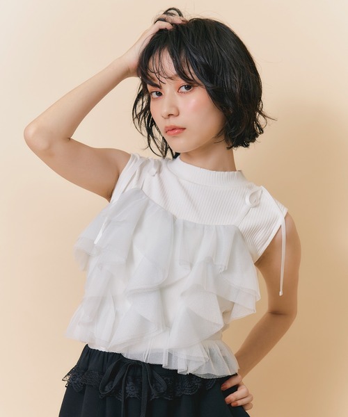 REDYAZEL(レディアゼル)の「ショルダーリボンビスチェ×ノースリーブニット(ニット/セーター・レディース・ブラック/ミント/ピンク/ホワイト・FREE)」の2枚目の写真