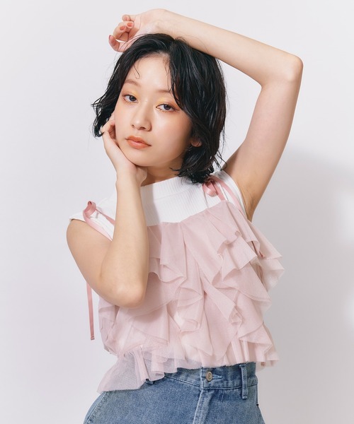 REDYAZEL(レディアゼル)の「ショルダーリボンビスチェ×ノースリーブニット(ニット/セーター・レディース・ブラック/ミント/ピンク/ホワイト・FREE)」の4枚目の写真
