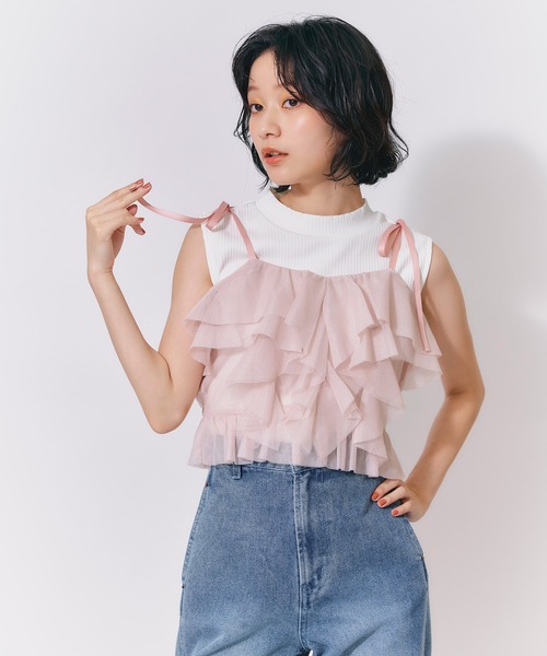 REDYAZEL(レディアゼル)の「ショルダーリボンビスチェ×ノースリーブニット(ニット/セーター・レディース・ブラック/ミント/ピンク/ホワイト・FREE)」の6枚目の写真