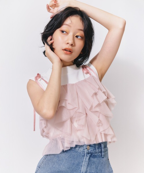 REDYAZEL(レディアゼル)の「ショルダーリボンビスチェ×ノースリーブニット(ニット/セーター・レディース・ブラック/ミント/ピンク/ホワイト・FREE)」の8枚目の写真