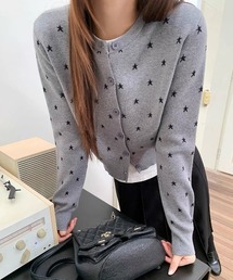 26aw 三色展開/スターモチーフ総柄コンパクトニットカーディガン