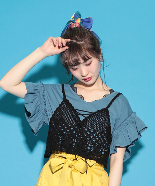 one after another NICE CLAUP（ワンアフターアナザーナイスクラップ）の「袖フリルＴシャツ（Tシャツ/カットソー・レディース・ブルー/オフホワイト/ブラック/グリーン/ピンク・FREE）」の3枚目の写真