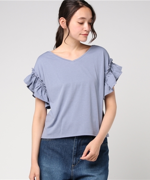 one after another NICE CLAUP（ワンアフターアナザーナイスクラップ）の「袖フリルＴシャツ（Tシャツ/カットソー・レディース・ブルー/オフホワイト/ブラック/グリーン/ピンク・FREE）」の18枚目の写真