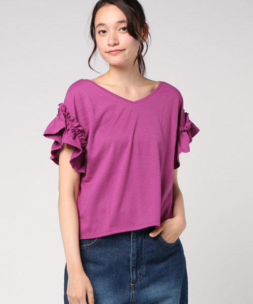 one after another NICE CLAUP（ワンアフターアナザーナイスクラップ）の「袖フリルＴシャツ（Tシャツ/カットソー・レディース・ブルー/オフホワイト/ブラック/グリーン/ピンク・FREE）」の19枚目の写真