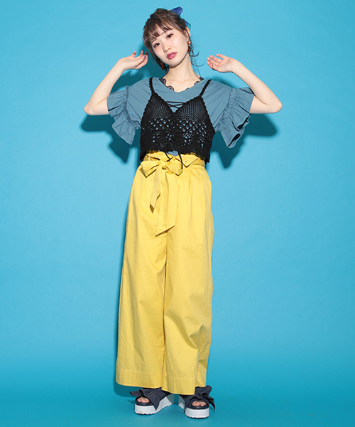 one after another NICE CLAUP（ワンアフターアナザーナイスクラップ）の「袖フリルＴシャツ（Tシャツ/カットソー・レディース・ブルー/オフホワイト/ブラック/グリーン/ピンク・FREE）」の8枚目の写真