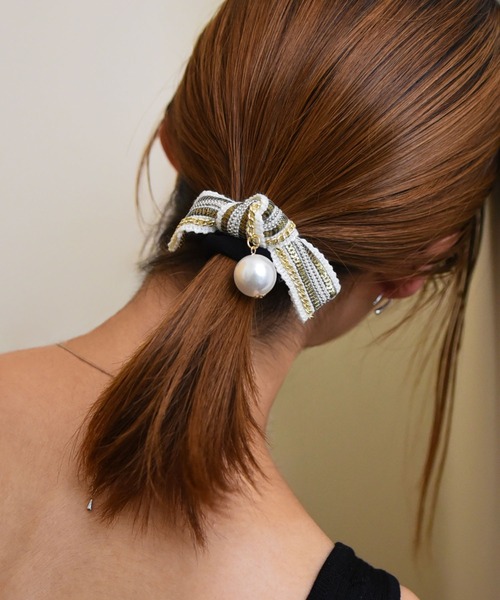 セール】パール付き刺繍入りリボンヘアゴム（ヘアゴム）｜styiro