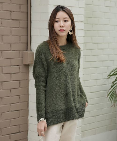 UNE MANSION(ユヌマンション)の「3カラーサイドスリットシャギーニット(ニット/セーター)」|グリーン